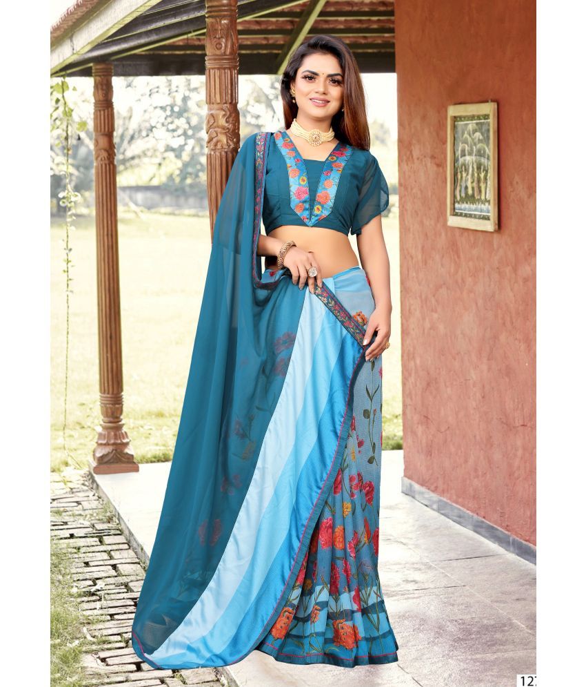     			VEDANT VASTRAM Georgette Printed Saree With Blouse Piece ( Blue , Pack of 1 )