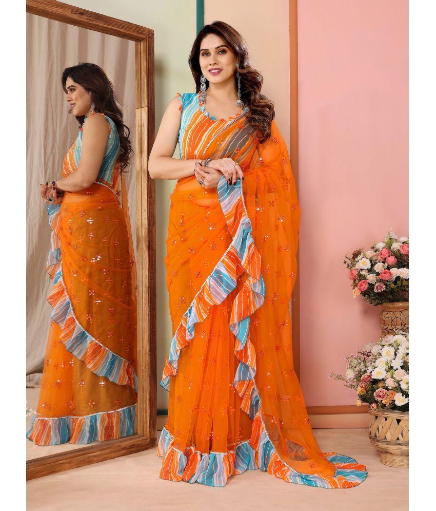     			VEDANT VASTRAM Net Embroidered Saree With Blouse Piece ( Orange , Pack of 1 )