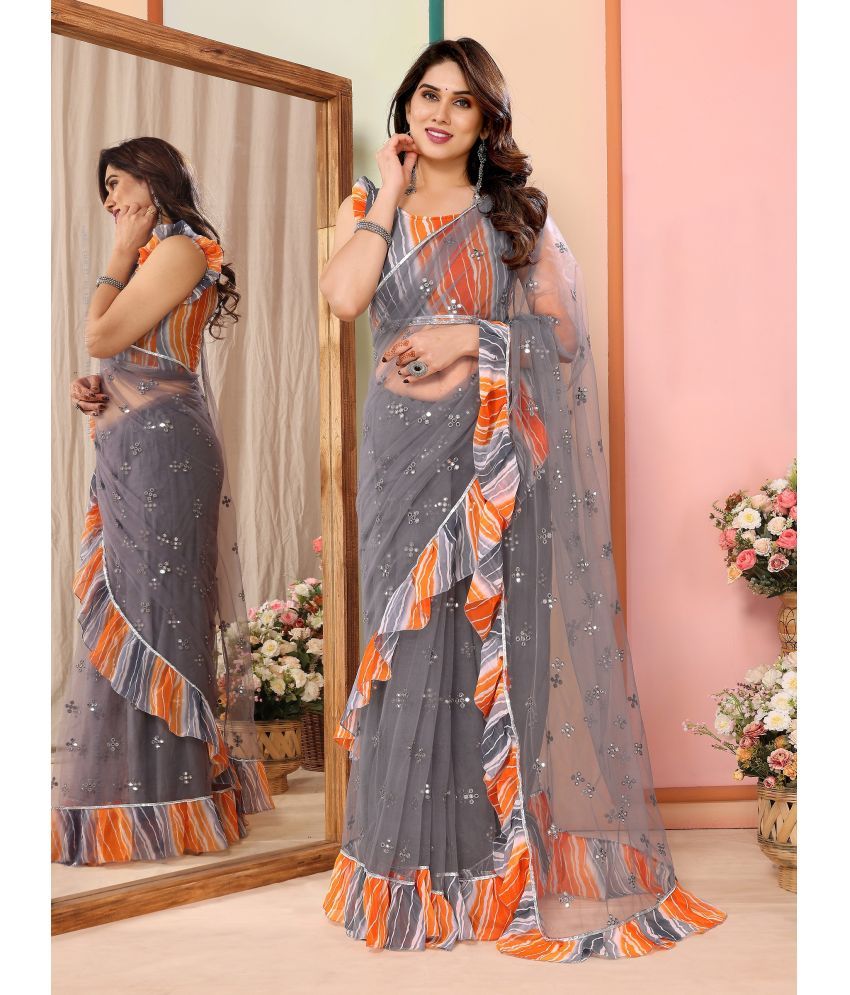     			VEDANT VASTRAM Net Embroidered Saree With Blouse Piece ( Grey , Pack of 1 )