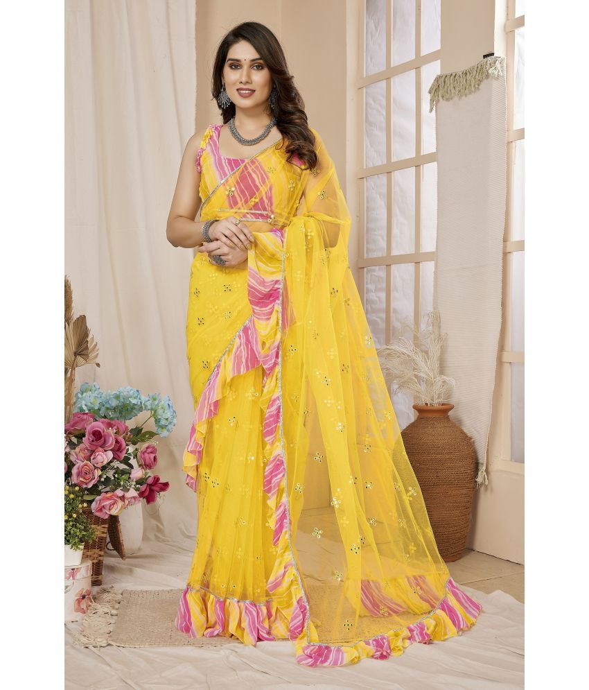     			VEDANT VASTRAM Net Embroidered Saree With Blouse Piece ( Yellow , Pack of 1 )