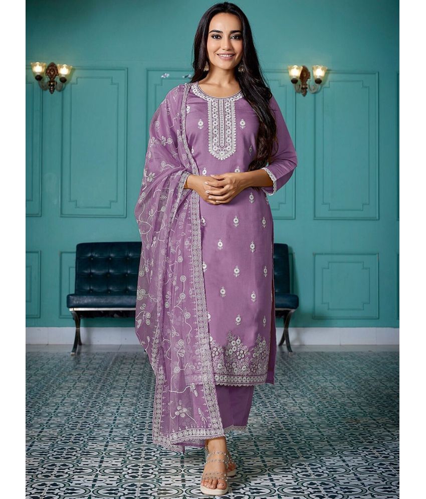     			anushansa Silk Blend Embroidered Kurti With Pants Women's Stitched Salwar Suit - Purple ( Pack of 1 )