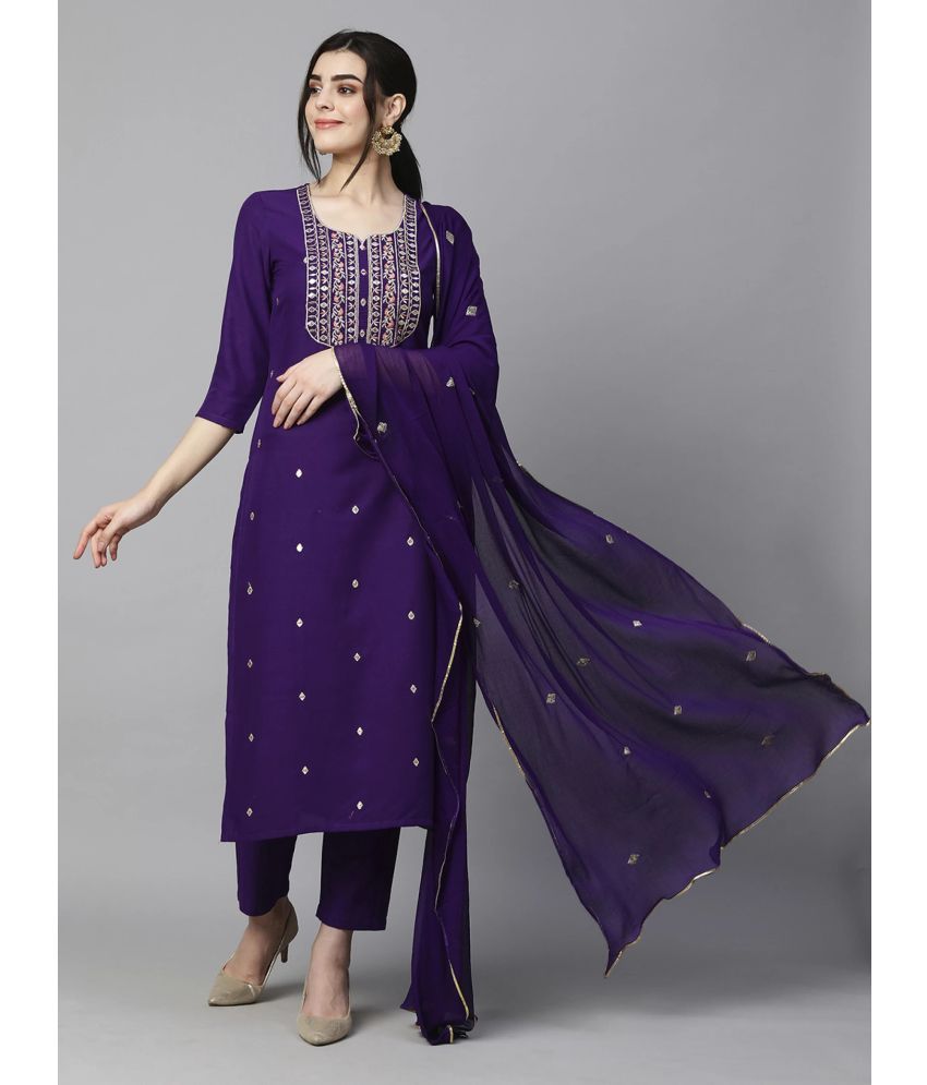     			anushansa Silk Blend Embroidered Kurti With Pants Women's Stitched Salwar Suit - Lavender ( Pack of 1 )