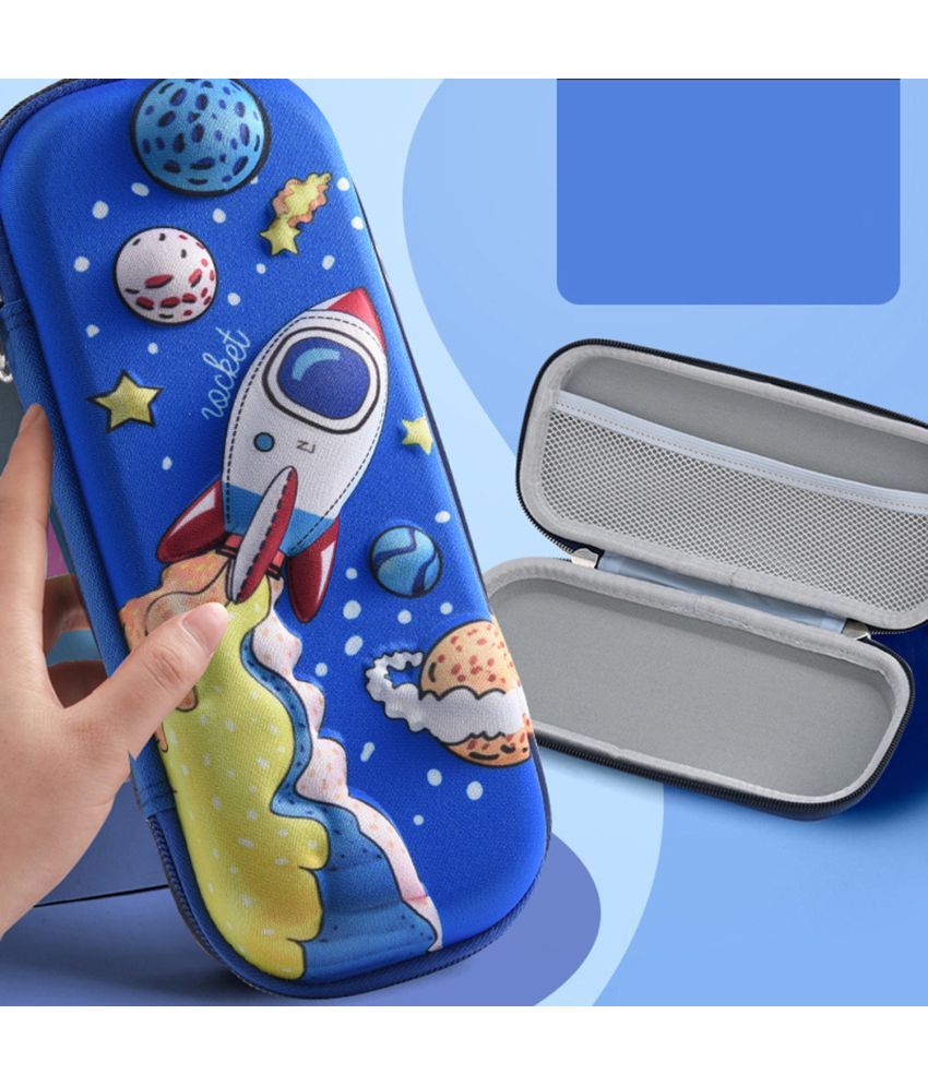     			3Mads  3D Rocket theme Layered Design Blue Zip Open Pencil Pouch Bag