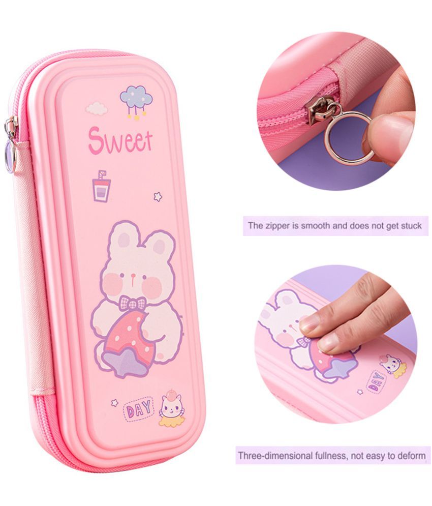     			3Mads  Rabbit Theme Layered Design Pink Zip Open Pencil Pouch Bag