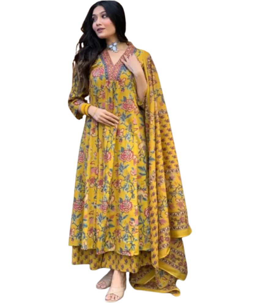     			HF WORD Cotton Printed Kurti With Pants Women's Stitched Salwar Suit - Yellow ( Pack of 1 )