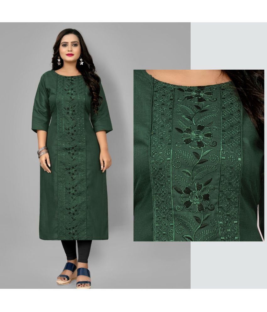     			Hetsa Pack of 1 Cotton Blend Embroidered A-line Women's Kurti - ( Dark Green )