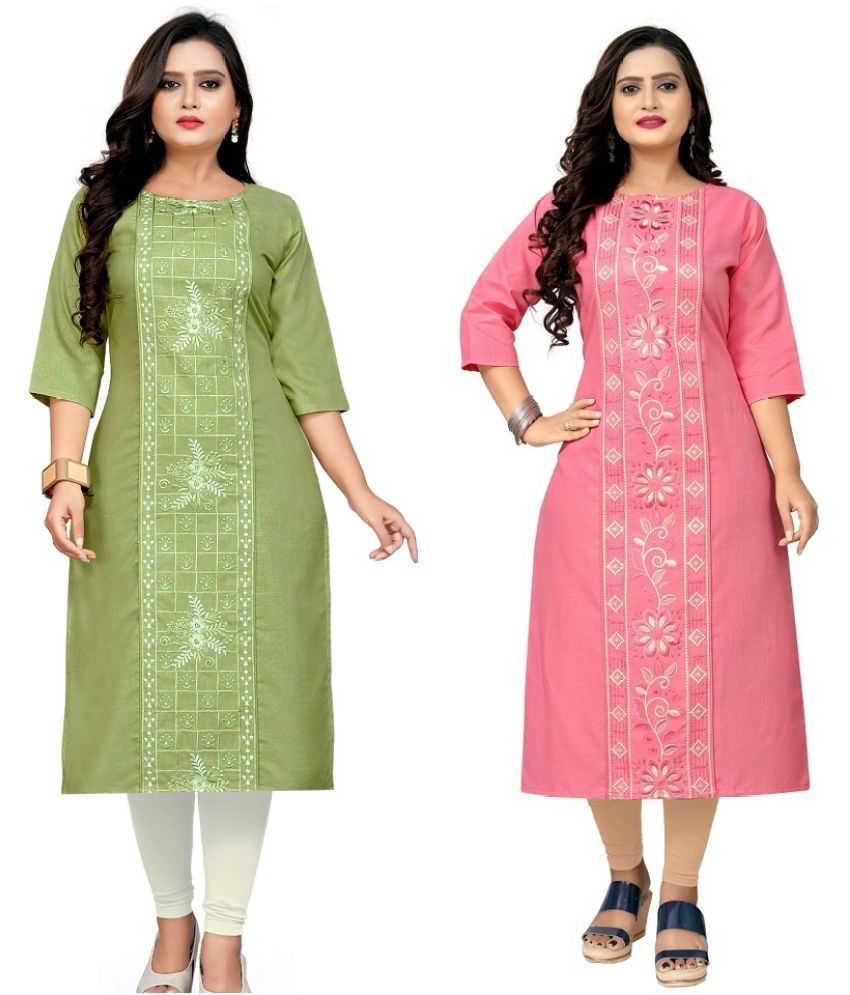     			Hetsa Pack of 2 Cotton Blend Embroidered Straight Women's Kurti - ( Multicolor )