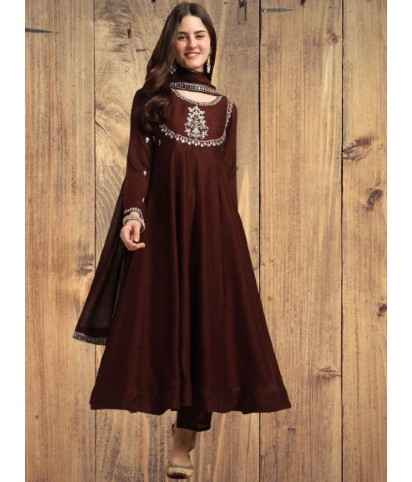     			KC Kunj Creation Silk Embroidered Kurti With Pants Women's Stitched Salwar Suit - Coffee ( Pack of 1 )