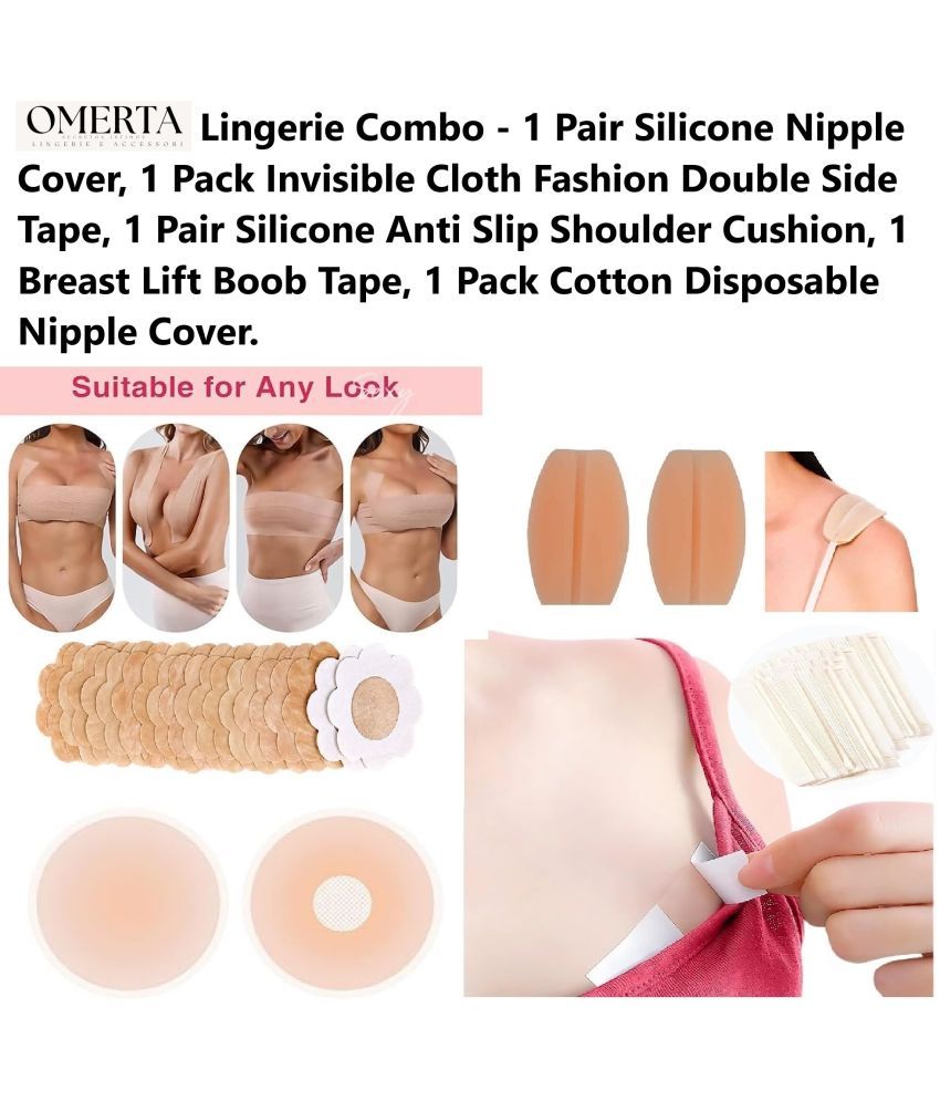     			Omerta Best Quality Cheapest Lingerie Accessories Combo - Breast Lift Boob Tape, Flix 10 Times Reusable Silicone Nipple Cover, Disposable Cotton Nipple Cover, Silicone Anti Slip Shoulder Cushion & Double Side Invisible Fashion Body Tape - 1 Pack Each Item