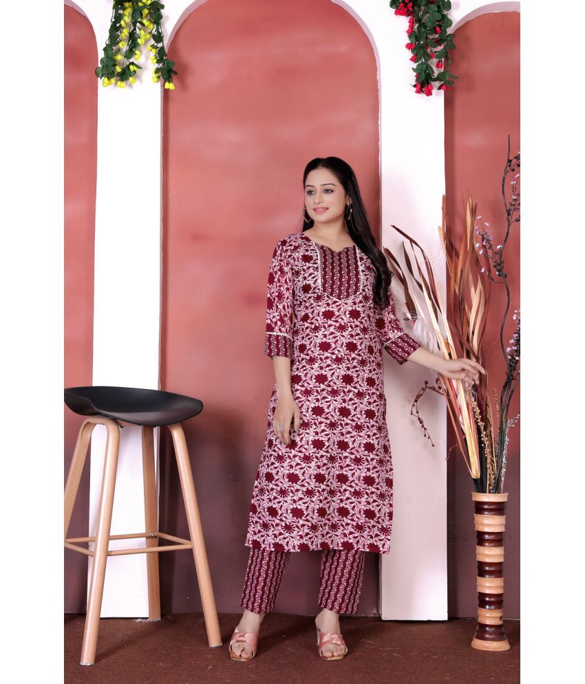     			YAGNIK FASHION Cotton Blend Printed Kurti With Pants Women's Stitched Salwar Suit - Maroon ( Pack of 1 )