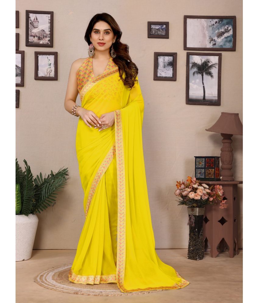     			BLEESBURY Georgette Solid Saree With Blouse Piece ( Yellow , Pack of 1 )