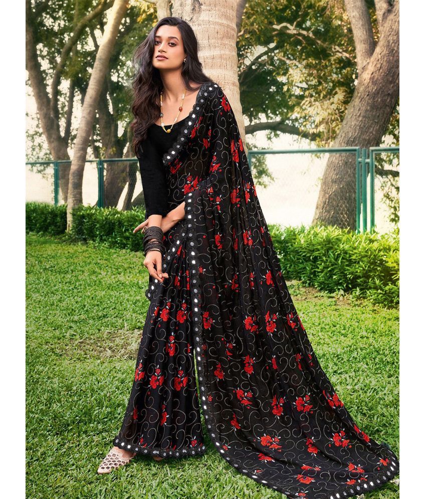     			SARIK  FASHION Chiffon Printed Saree With Blouse Piece ( Black , Pack of 1 )