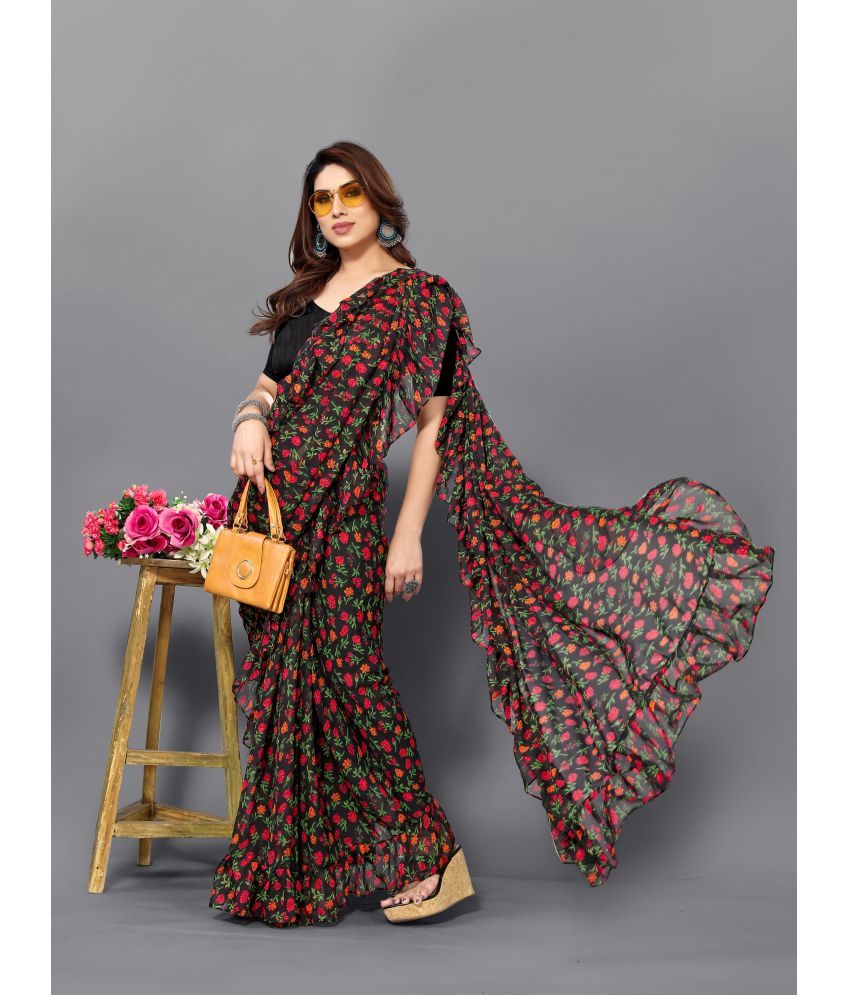     			SARIK  FASHION Chiffon Printed Saree With Blouse Piece ( Black , Pack of 1 )