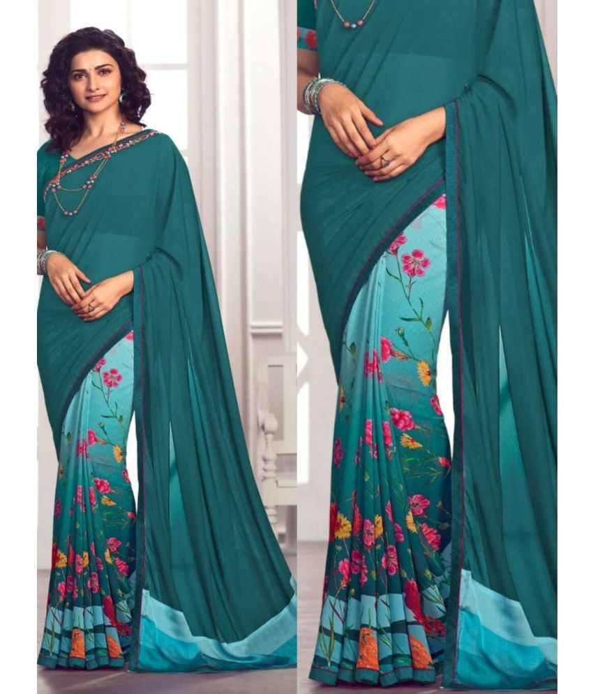     			SARIK  FASHION Georgette Printed Saree With Blouse Piece ( Light Blue , Pack of 1 )