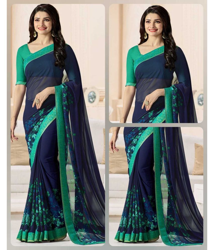     			SARIK  FASHION Georgette Printed Saree With Blouse Piece ( Blue , Pack of 1 )