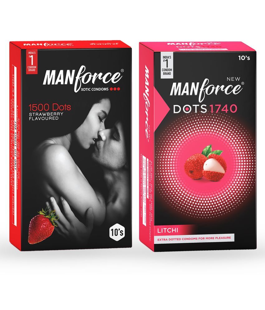     			MANFORCE 3 in 1 Wild Ribbed Contour Dotted Strawberry Flavor Condoms - 10 Pieces & Extra Dotted Litchi Flavoured Condoms - 10 Pieces Condom (Set of 2 20 Sheets)