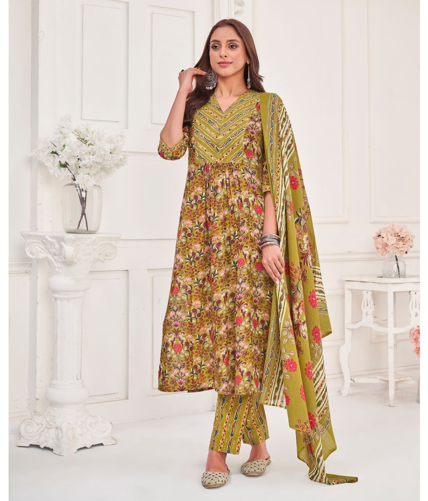     			MOJILAA Cotton Blend Printed Kurti With Pants Women's Stitched Salwar Suit - Olive ( Pack of 1 )