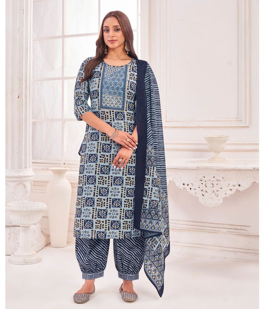     			MOJILAA Cotton Blend Printed Kurti With Salwar Women's Stitched Salwar Suit - Blue ( Pack of 1 )