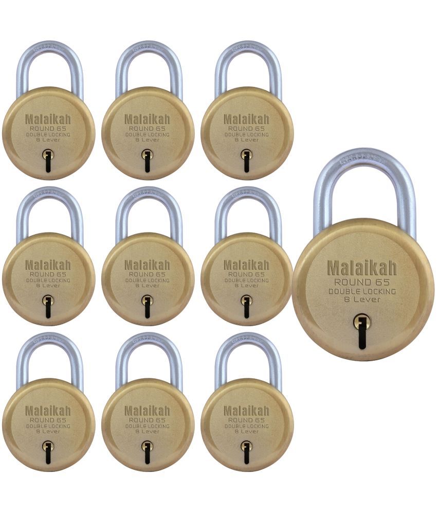     			Malaikah Gold 65 mm Padlock Double Locking 8 Lever With 3 Keys, Ideal for Gate, Shutter and Shop, Ideal for Gate, Shutter and Shop Made in Aligarh, India, Pack of 10