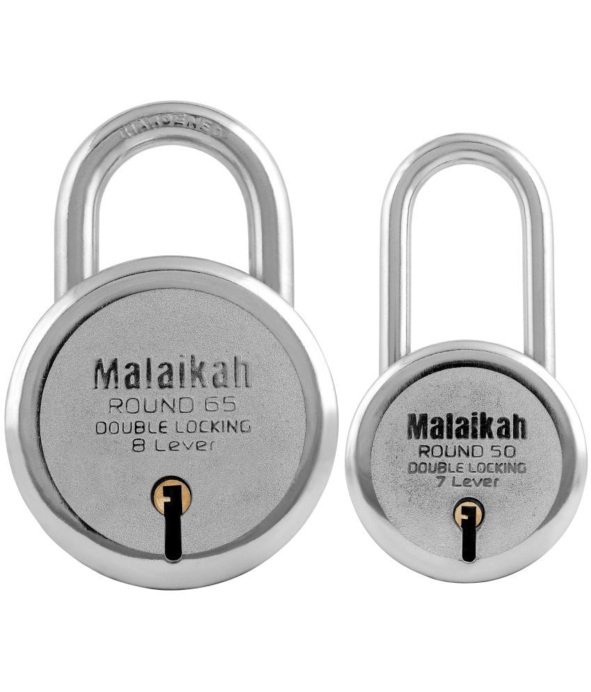     			Malaikah Locks Padlocks Pack Of 2 Round 65mm Long Shackle And Round 50mm Long Shackle With Made In Aligarh India Reliable 7-Lever Mechanism For Heavy-Duty Use Security Ideal For Outdoor And Indoor