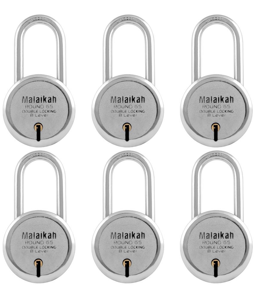     			Malaikah Round 65 mm Padlock Long Shackle Double Locking 8 Lever With 3 Keys, Ideal for Gate, Shutter and Shop, Ideal for Gate, Shutter and Shop Made in Aligarh, India, Pack of 6