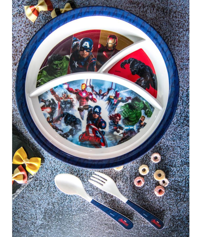     			Servewell Plate, Fork & Spoon Avengers Printed Melamine Dinner Set ( Pack of 3 ) White