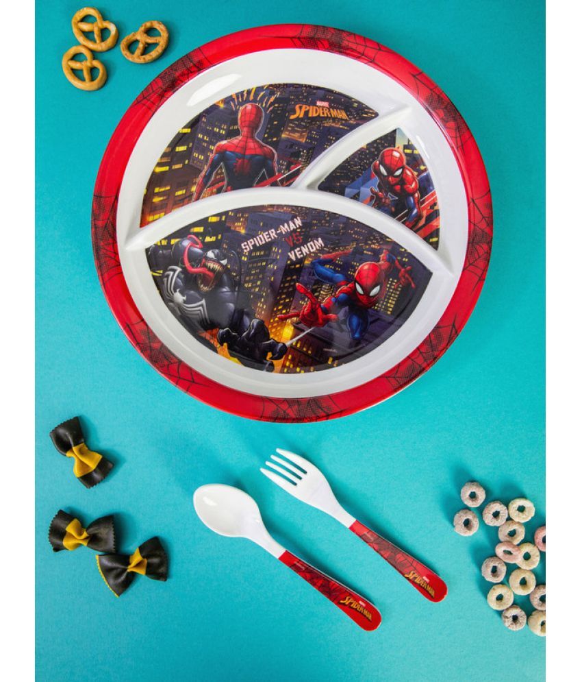     			Servewell Plate, Fork & Spoon -Spiderman Printed Melamine Dinner Set ( Pack of 3 ) Multicolor