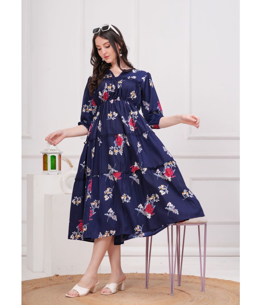     			Oh Mi Dios Crepe Printed Calf-Length Women's Fit & Flare Dress - Navy ( Pack of 1 )