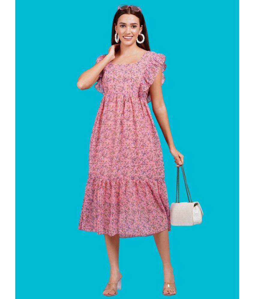     			Oh Mi Dios Georgette Printed Calf-Length Women's Fit & Flare Dress - Pink ( Pack of 1 )