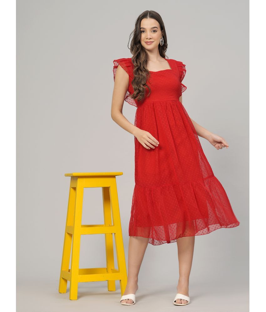     			Oh Mi Dios Georgette Self Design Calf-Length Women's Fit & Flare Dress - Red ( Pack of 1 )