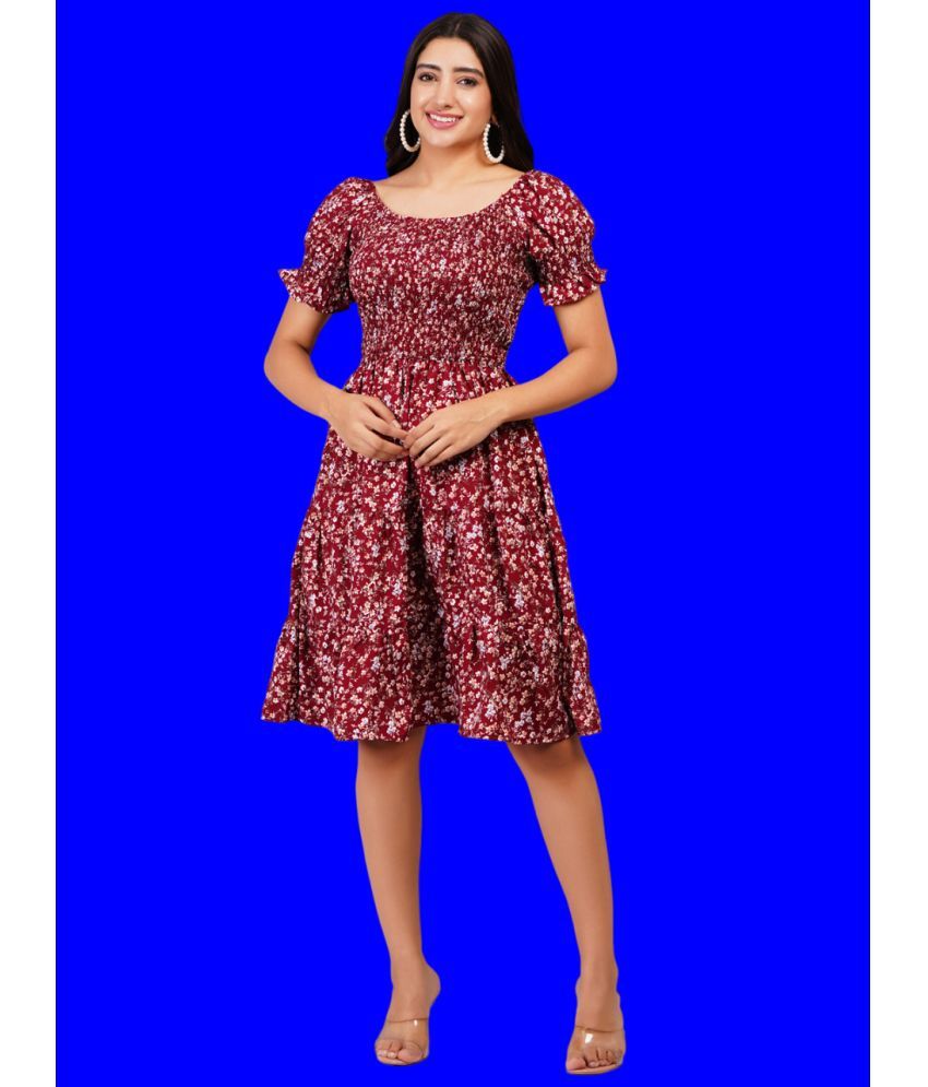     			Oh Mi Dios Viscose Rayon Printed Knee Length Women's Empire Dress - Maroon ( Pack of 1 )