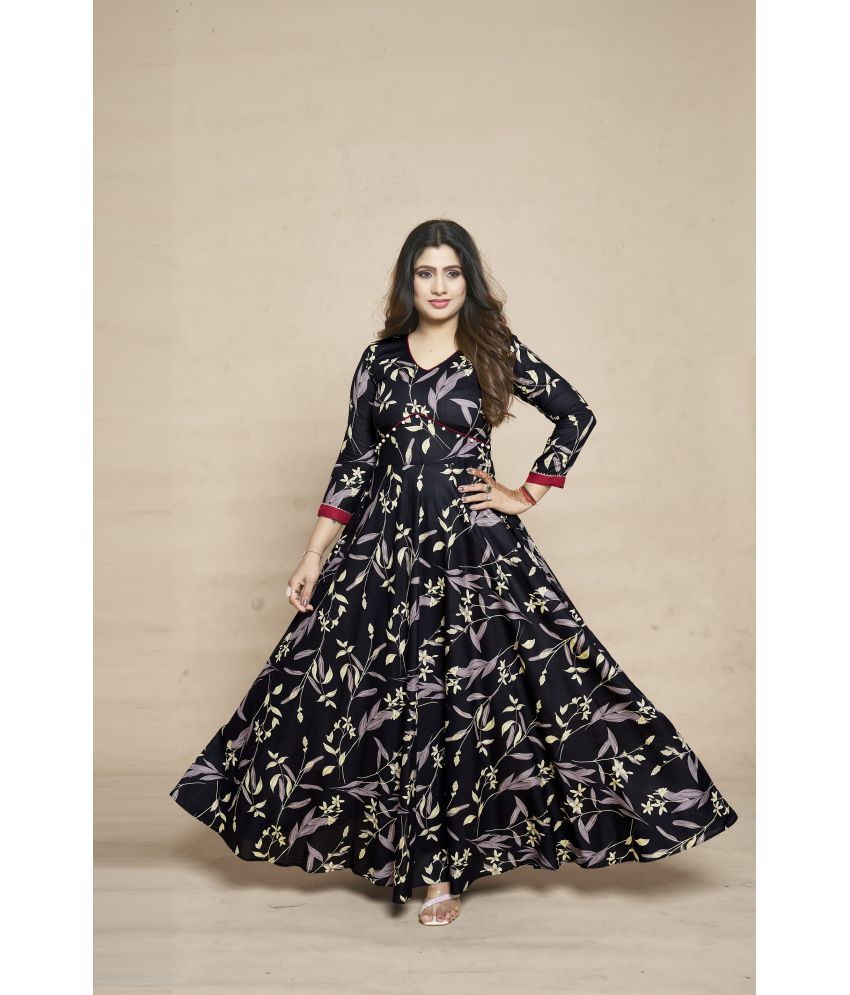     			MEESORRA Pack of 1 Rayon Printed Anarkali Women's Kurti - ( Black )