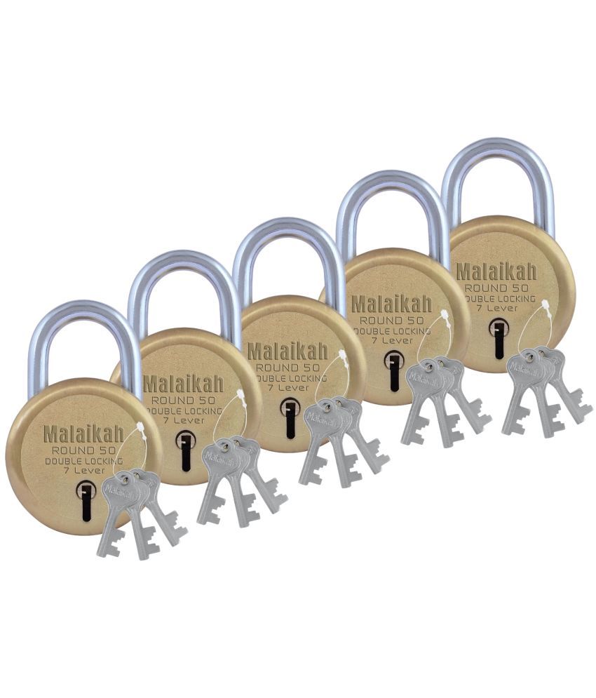     			Malaikah Gold 50 mm Padlock Double Locking 7 Lever With 3 Keys, Ideal for Gate, Shutter and Shop, Ideal for Gate, Shutter and Shop Made in Aligarh, India, Pack of 5