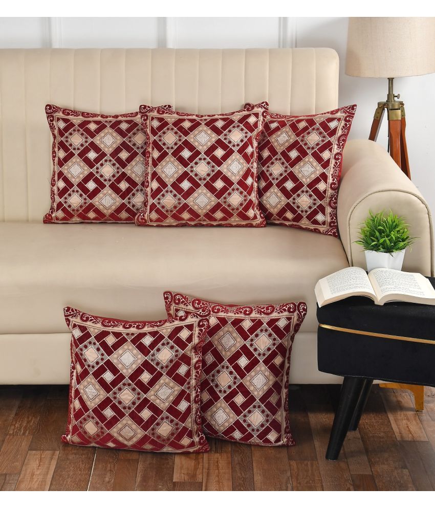     			Multitex Set of 5 Cotton Floral Square Cushion Cover (40X40)cm - Maroon