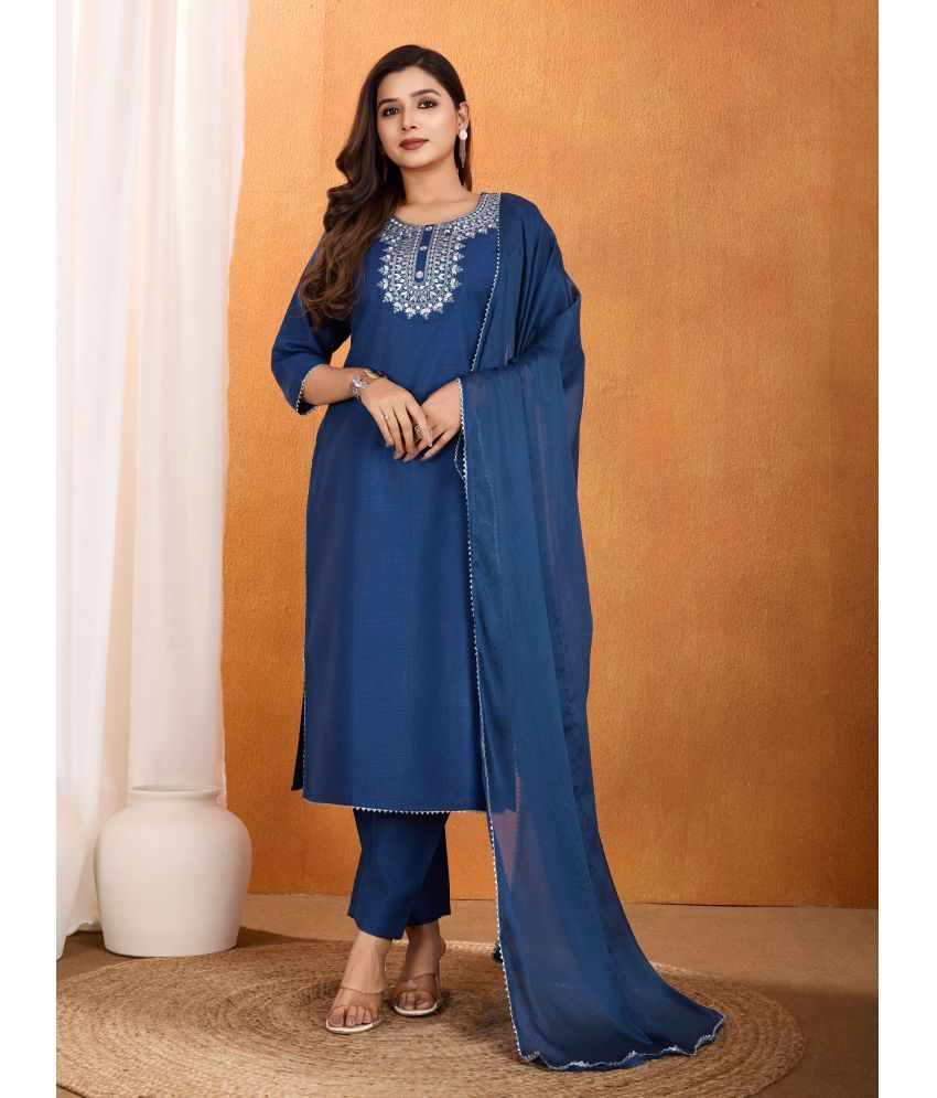     			RAS RANI Cotton Blend Embellished Kurti With Pants Women's Stitched Salwar Suit - Blue ( Pack of 1 )