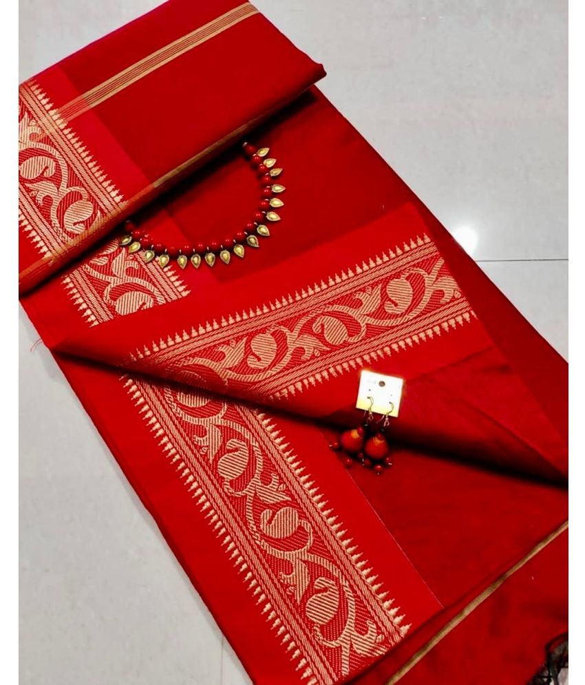     			SARADA HANDLOOM Cotton Self Design Saree With Blouse Piece ( Red , Pack of 1 )