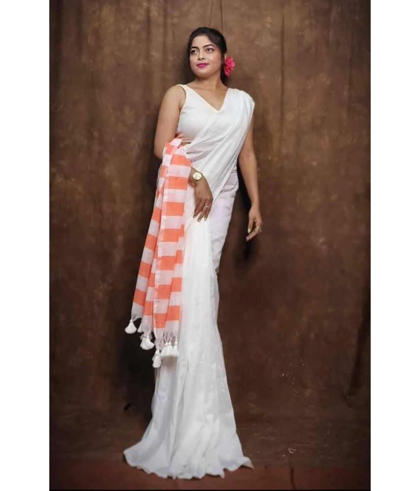     			SARADA HANDLOOM Cotton Striped Saree With Blouse Piece ( White , Pack of 1 )