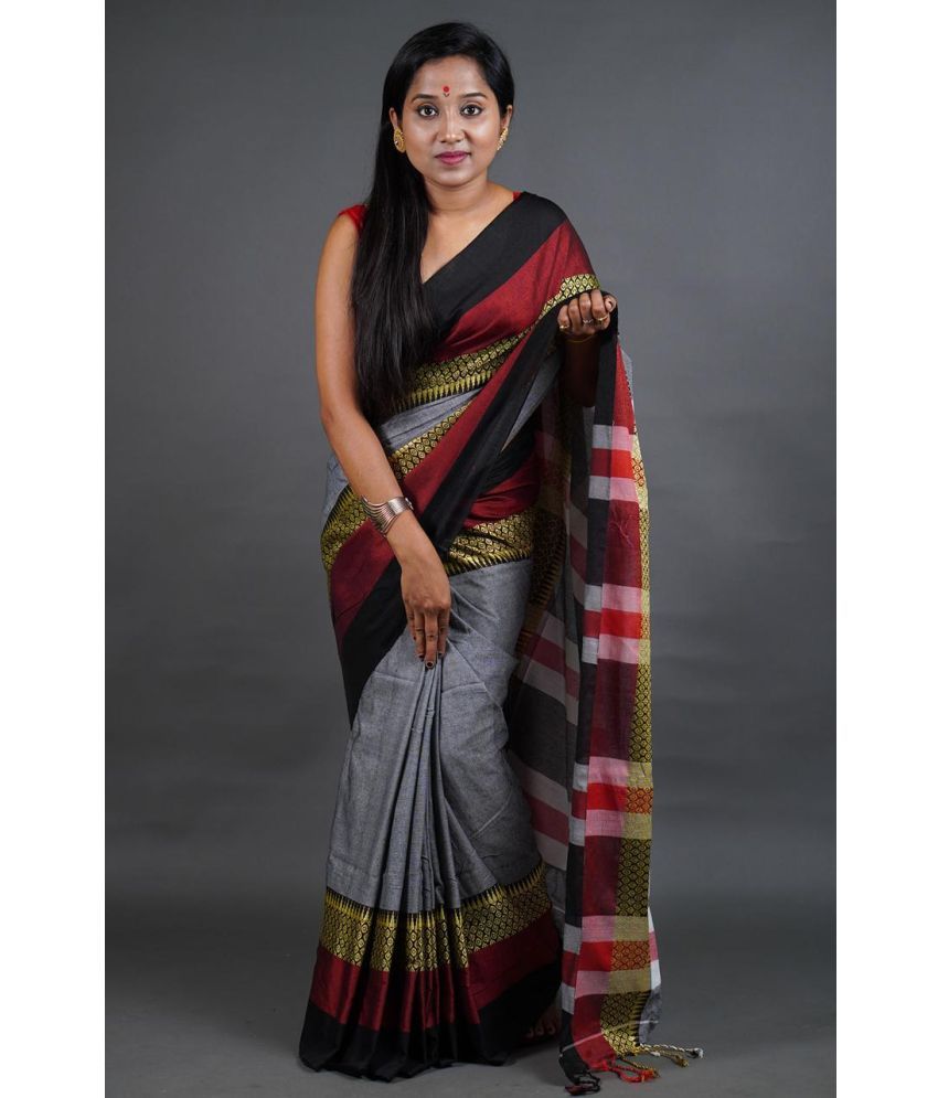     			SARADA HANDLOOM Cotton Woven Saree With Blouse Piece ( Grey , Pack of 1 )