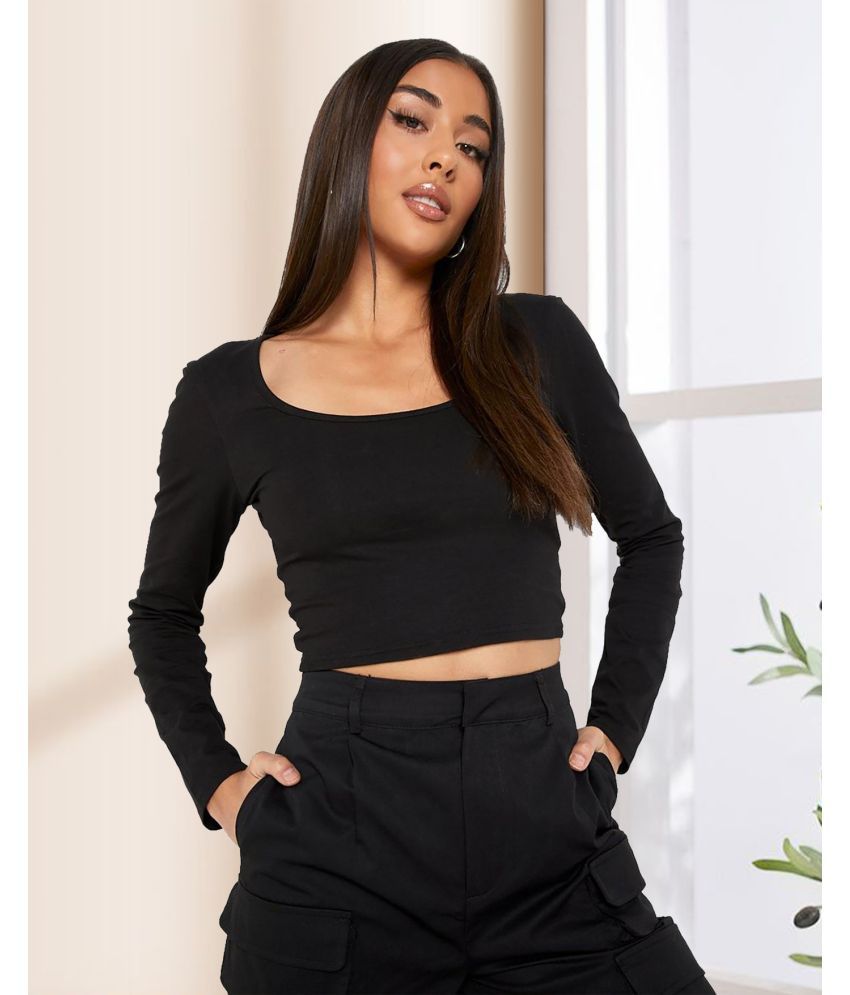     			AOOSH Black Cotton Blend Women's Crop Top ( Pack of 1 )