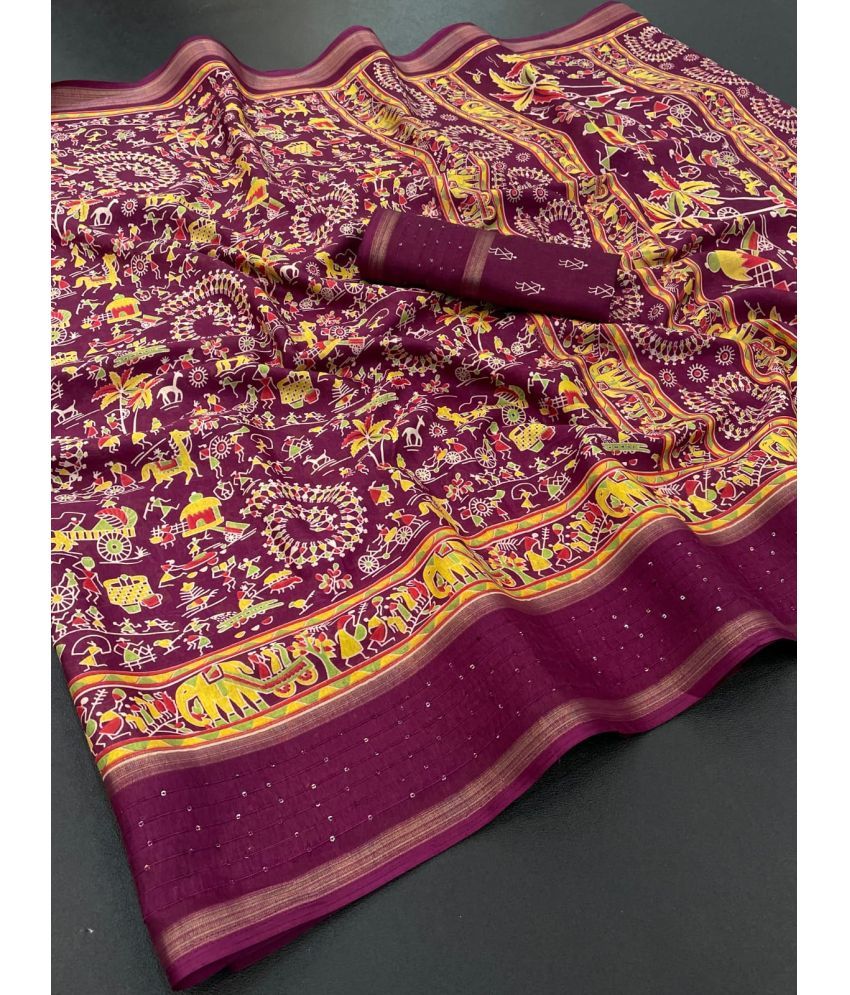     			Gullak Pack of 1 Chanderi Printed Saree With Stitched Blouse ( Purple )