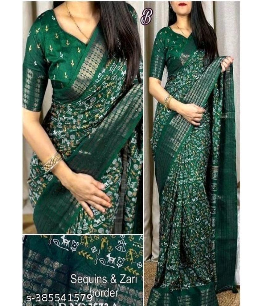     			Gullak Pack of 1 Chanderi Printed Saree With Stitched Blouse ( Green )