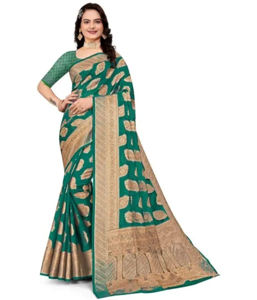     			Gullak Pack of 1 Organza Embellished Saree With Stitched Blouse ( Green )