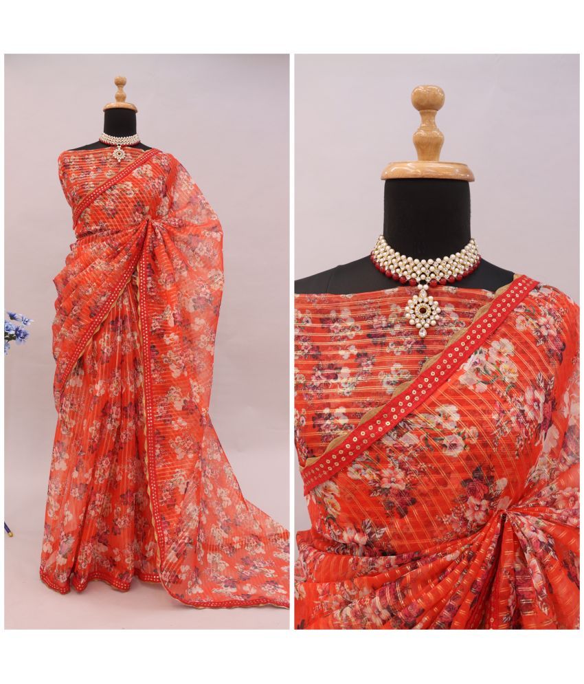     			Gullak Pack of 1 Organza Printed Saree With Blouse Piece ( Orange )