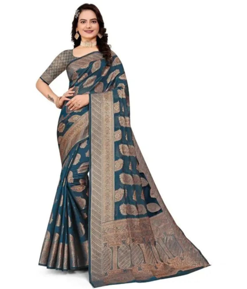     			Gullak Pack of 1 Organza Embellished Saree With Stitched Blouse ( Teal )