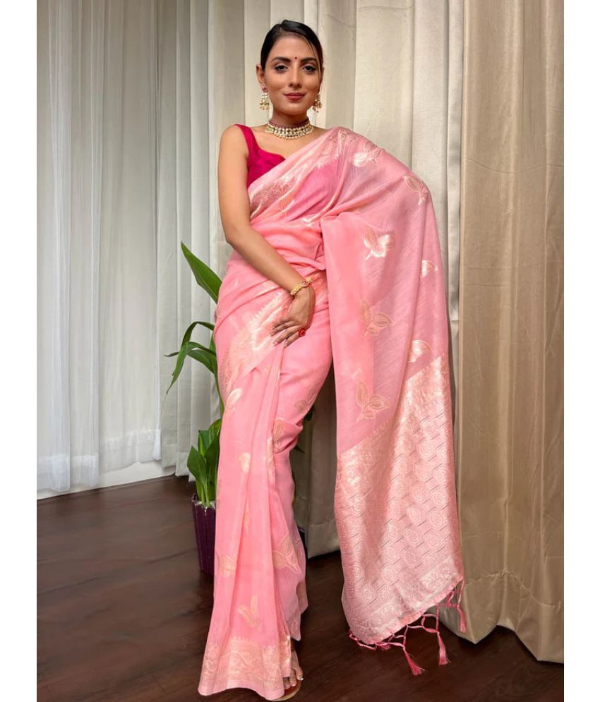     			KOMAL NX Pack of 1 Linen Woven Saree With Blouse Piece ( Pink )