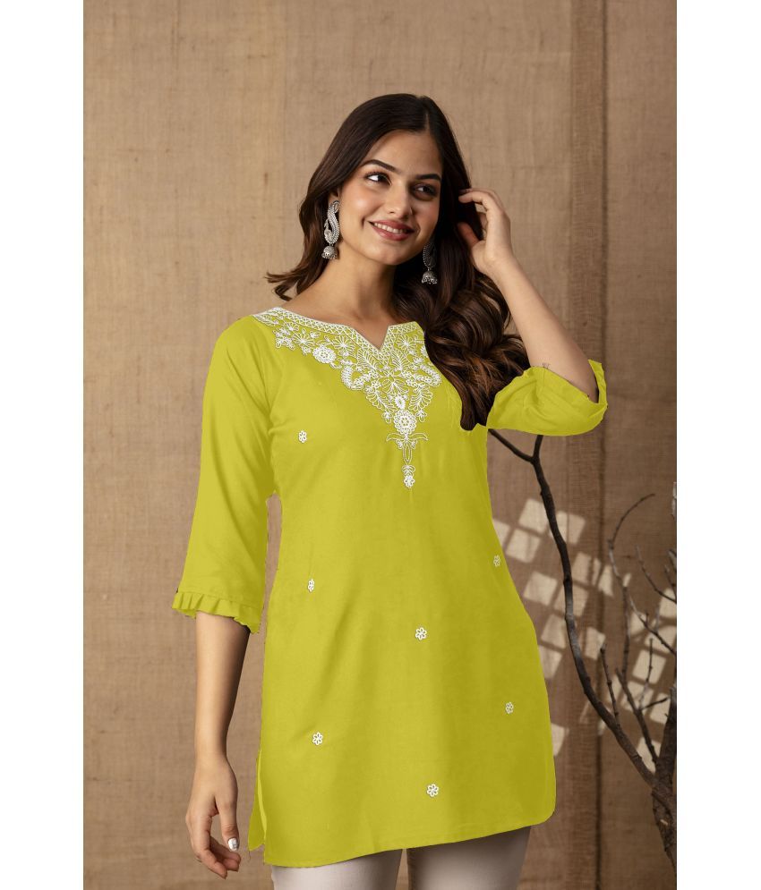     			Kapadia Pack of 1 Rayon Embroidered Straight Women's Kurti - ( Yellow )