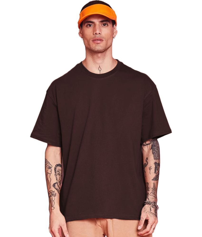     			Leotude Cotton Blend Oversized Fit Solid Half Sleeves Men's Round T-Shirt - Brown ( Pack of 1 )