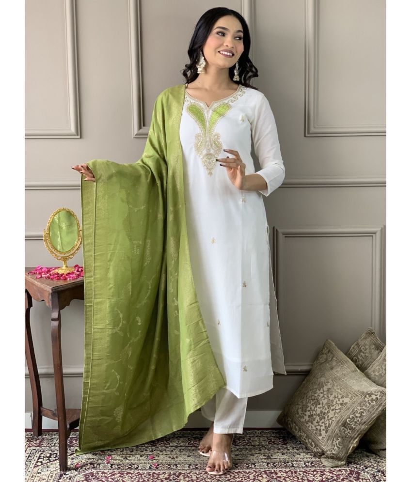     			Niza Fashion Viscose Embroidered Kurti With Pants Women's Stitched Salwar Suit - White ( Pack of 1 )