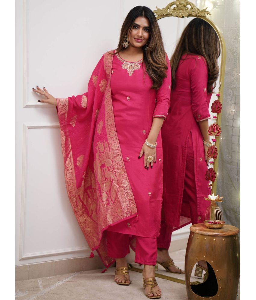     			Niza Fashion Viscose Embroidered Kurti With Pants Women's Stitched Salwar Suit - Pink ( Pack of 1 )