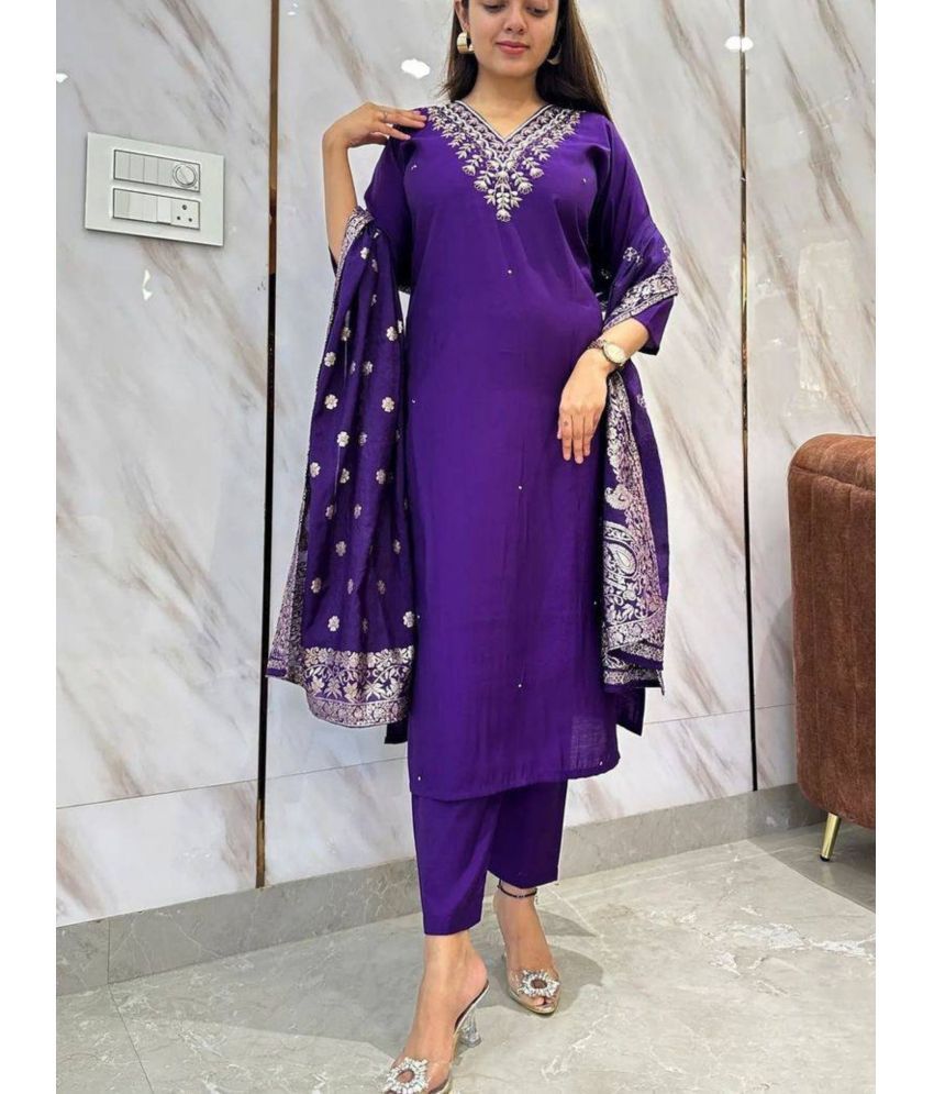     			Niza Fashion Viscose Embroidered Kurti With Pants Women's Stitched Salwar Suit - Purple ( Pack of 1 )